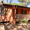Bungalow arancione con terrazza, finestre con persiane in legno e vegetazione circostante.