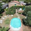 Piscina ovale in giardino con lettini e vegetazione.