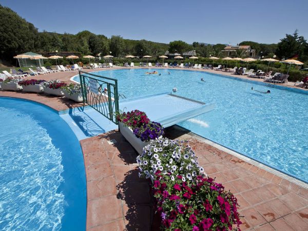 Piscina all'aperto con una passerella galleggiante, circondata da fiori colorati e sdraio.